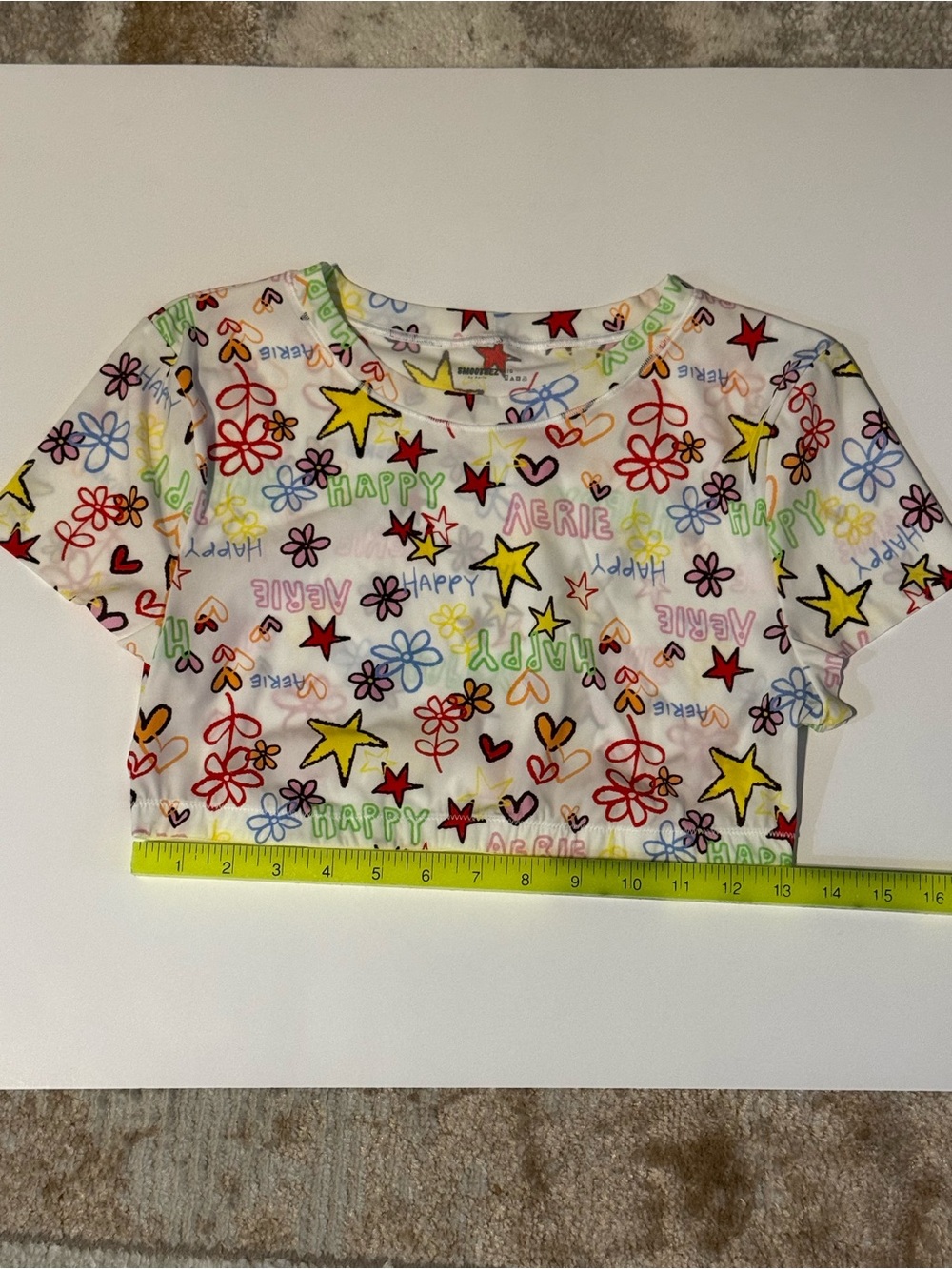 Aerie Smoothez White Crop Tee Bralette with Multicolor Print Size L